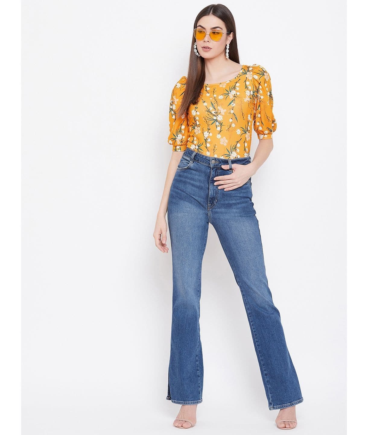 Plus Cotton Floral Stretchable Puff Sleeve Top - Uptownie