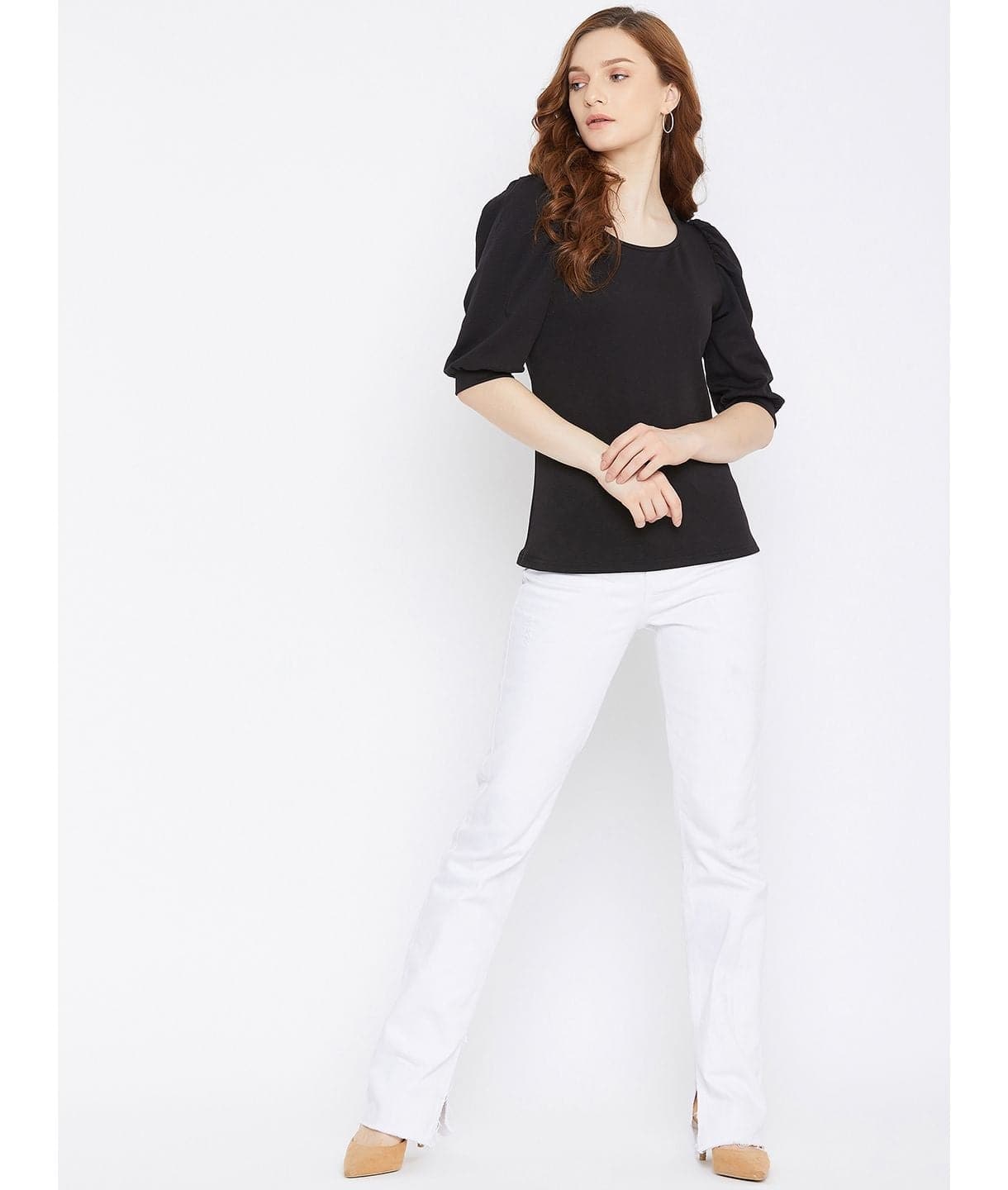 Cotton Solid Stretchable Round Neck Puff Sleeve Top - Uptownie