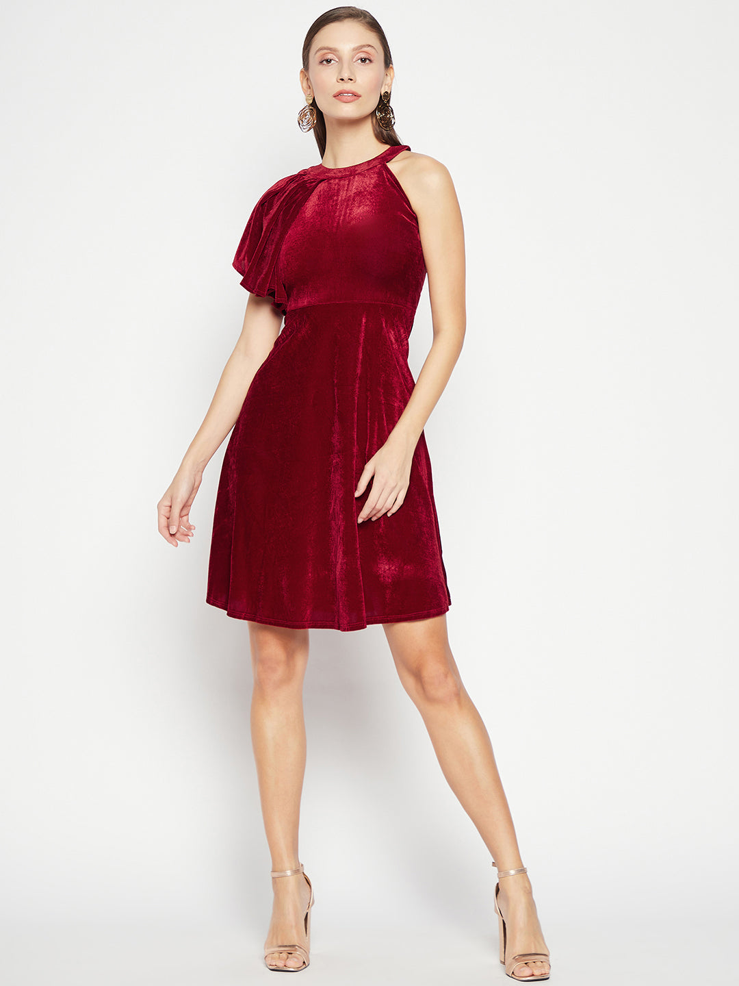 Ruffle Detail Stretchable Velvet Skater Dress Ruffle Detail Stretchable Velvet Skater Dress