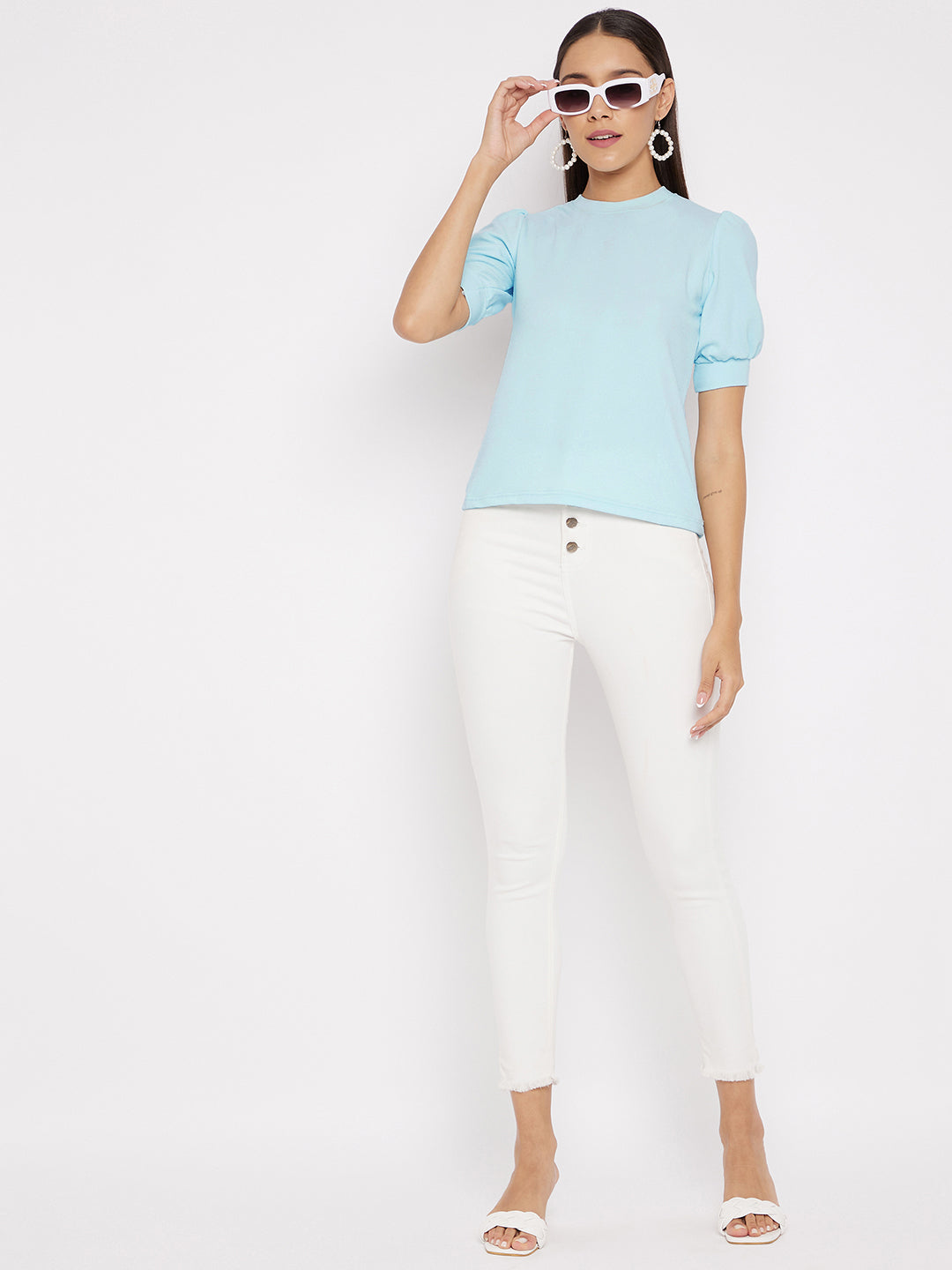 Cotton Solid Stretchable High Neck Puff Sleeve Top - Uptownie