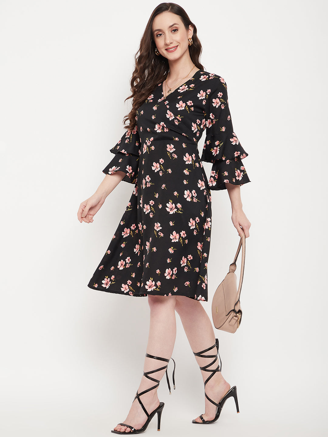 Wrap Bell Sleeves Skater Dress - Uptownie