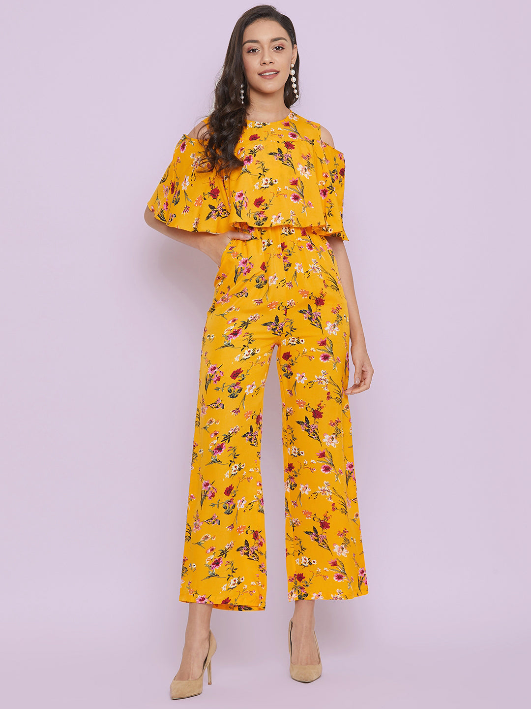 Floral Cold Shoulder Flared Jumpsuit - Uptownie
