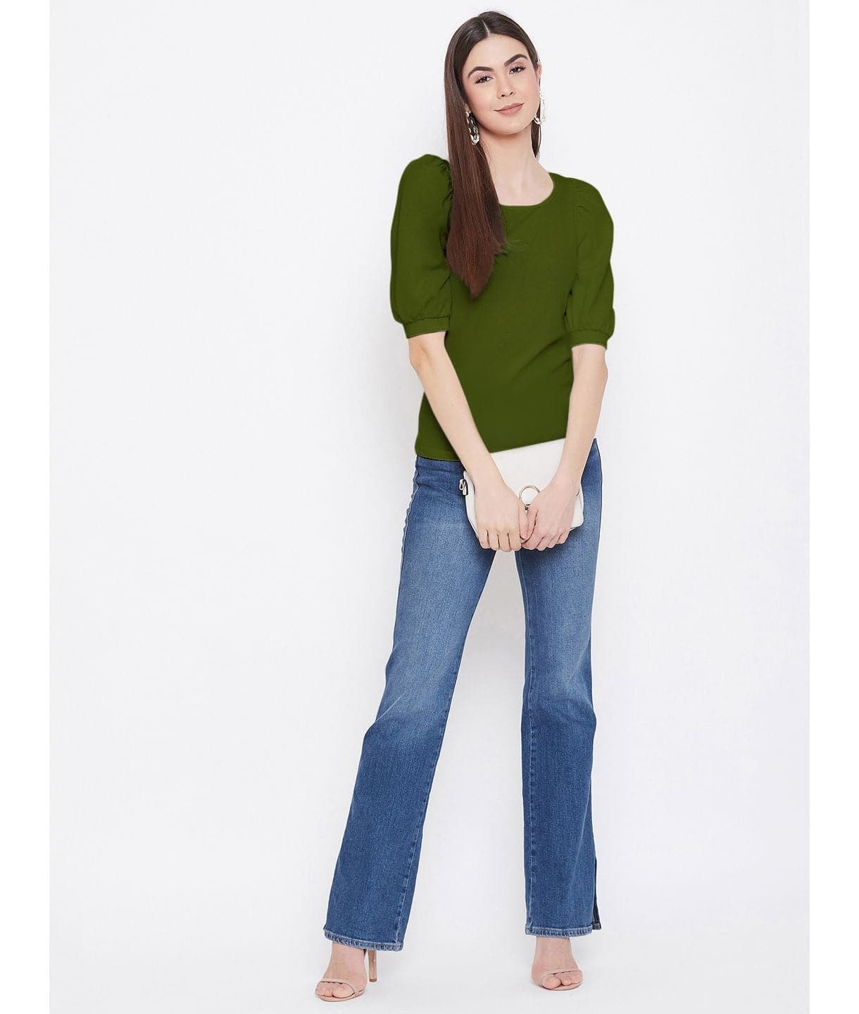 Cotton Solid Stretchable Round Neck Puff Sleeve Top - Uptownie