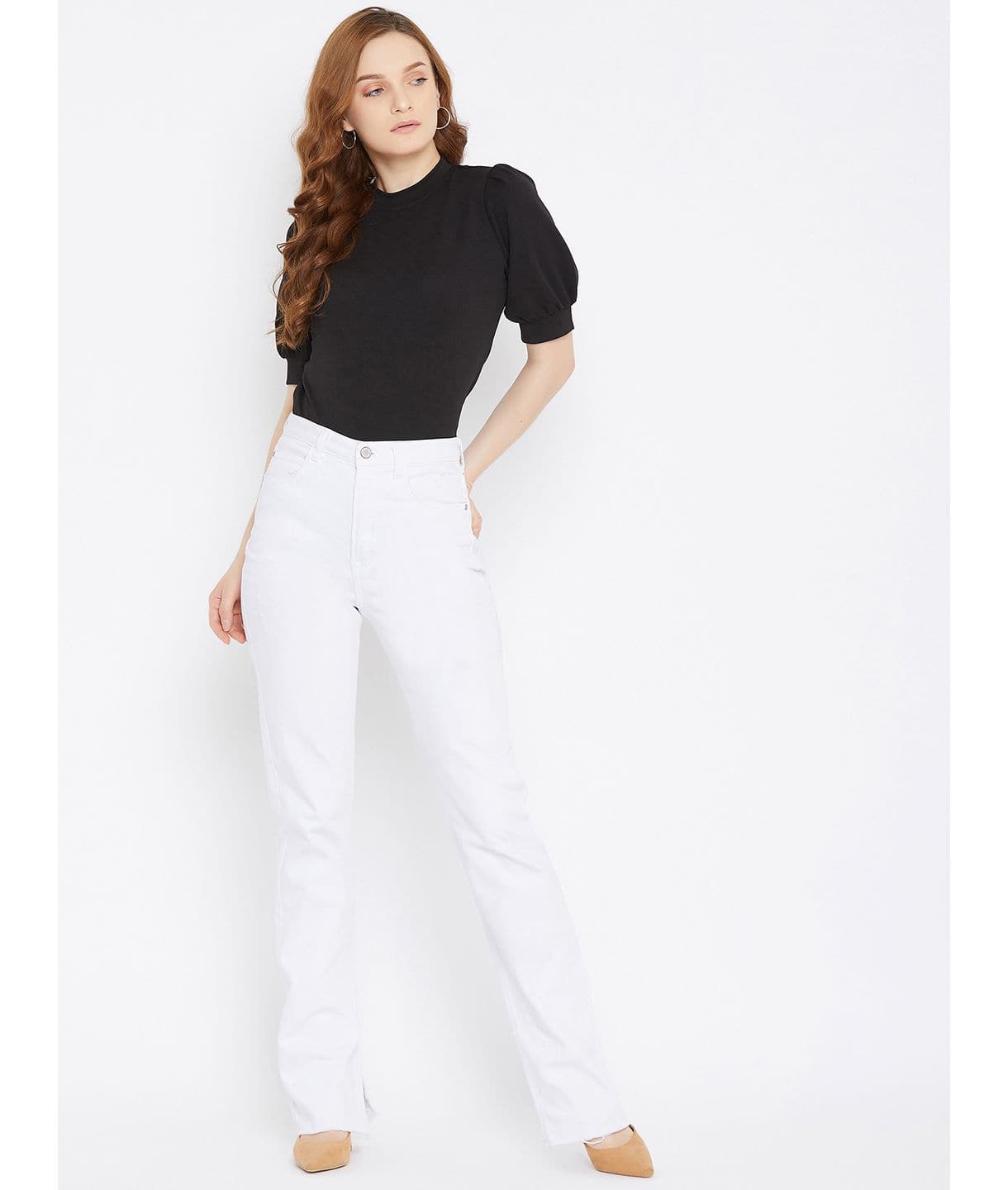 Cotton Solid Stretchable High Neck Puff Sleeve Top - Uptownie