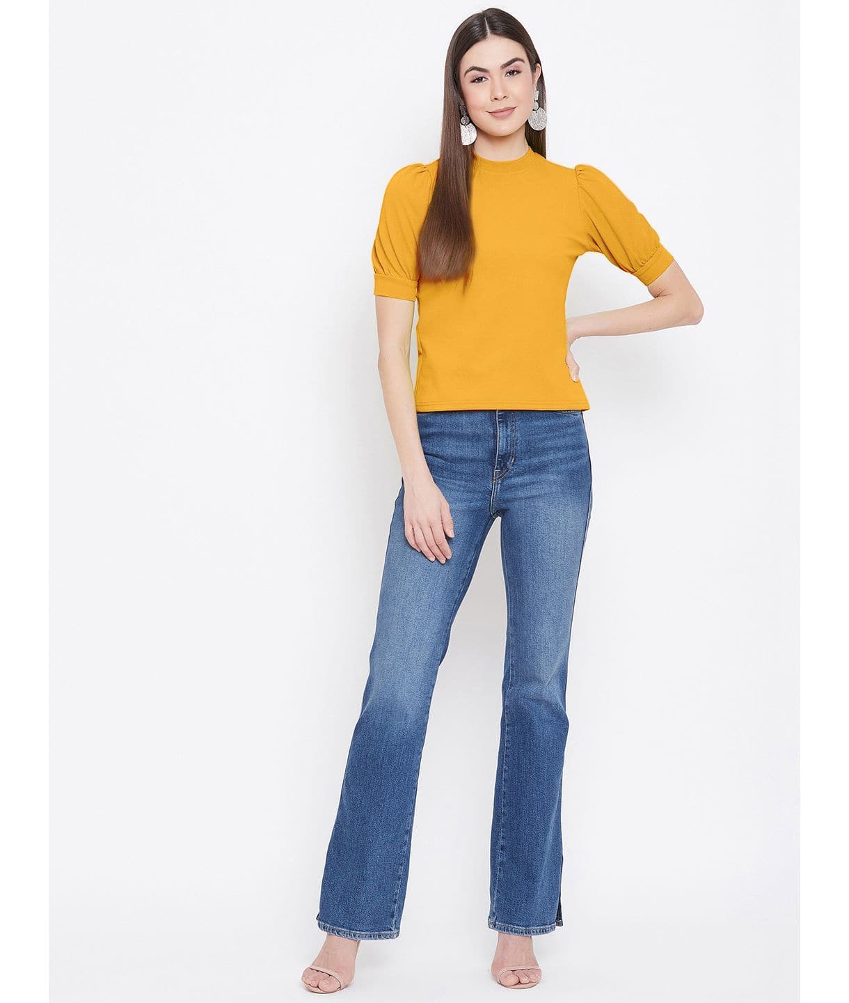 Cotton Solid Stretchable High Neck Puff Sleeve Top - Uptownie
