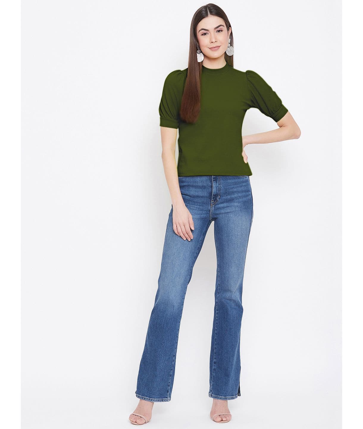 Cotton Solid Stretchable High Neck Puff Sleeve Top - Uptownie