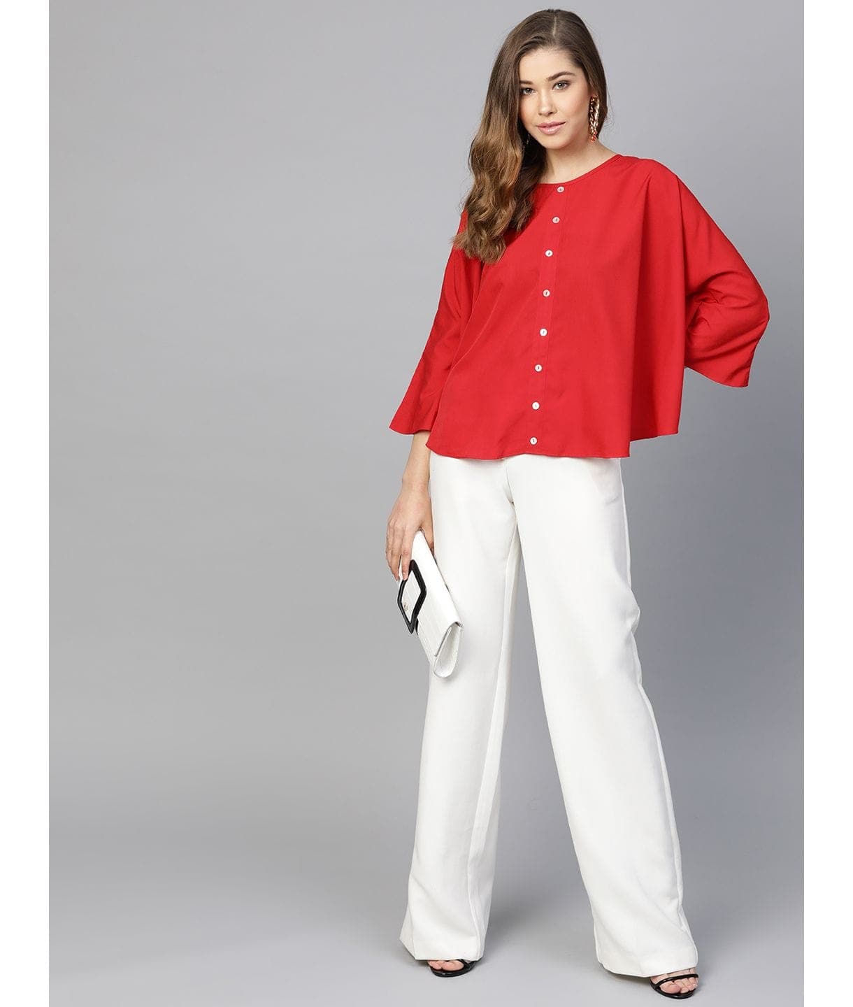 Red Buttoned Crepe Cape Top - Uptownie