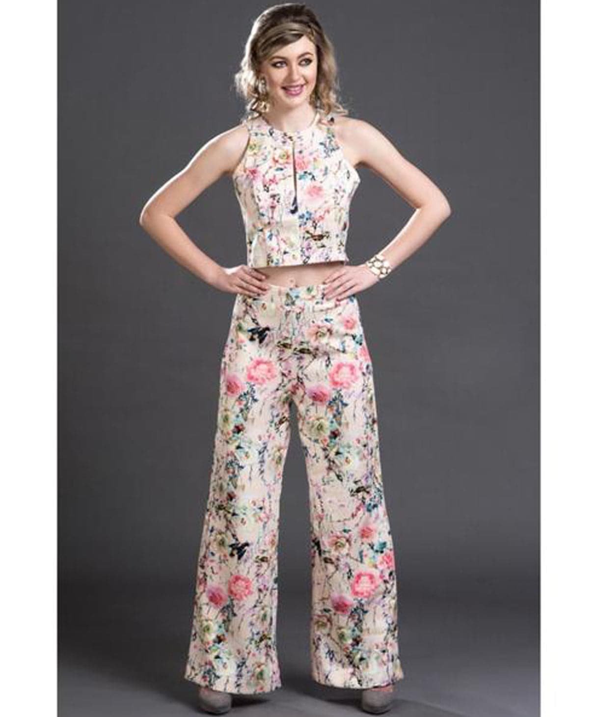 Uptownie X Pearl-White Pink Floral Palazzo Pants - Uptownie