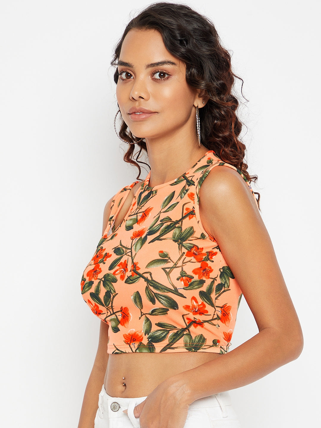 Printed Cotton Stretchable Shoulder Cutout Crop Top - Uptownie