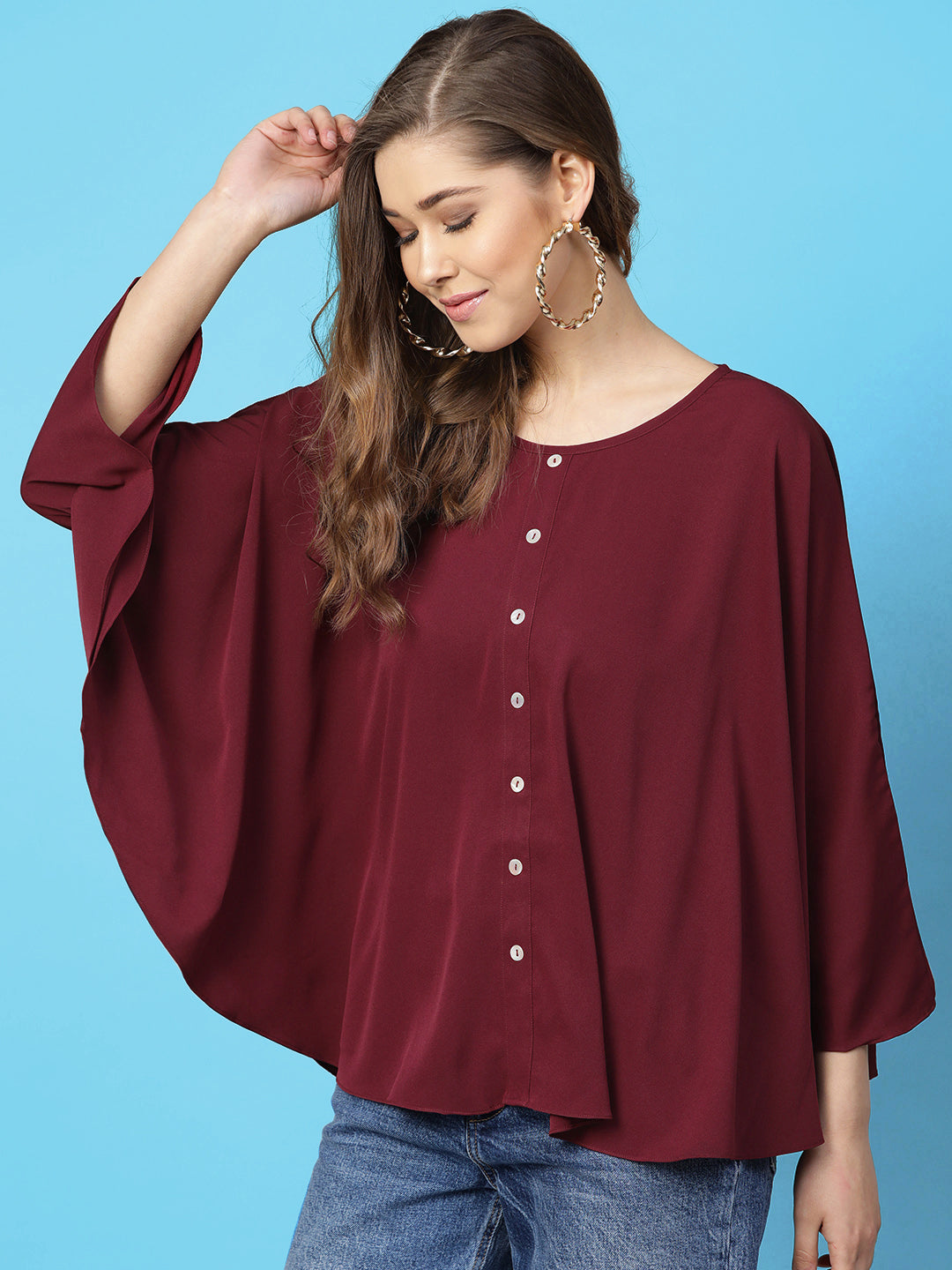 Maroon Buttoned Crepe Cape Top - Uptownie
