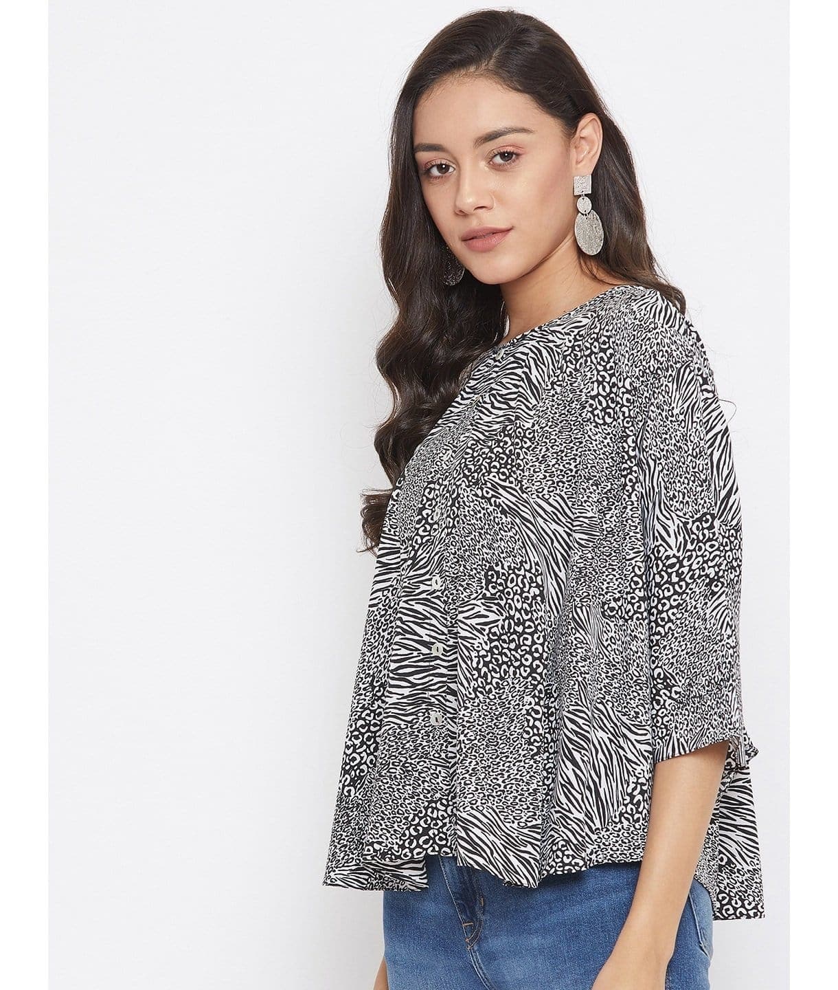 Printed Buttoned Crepe Cape Top - Uptownie