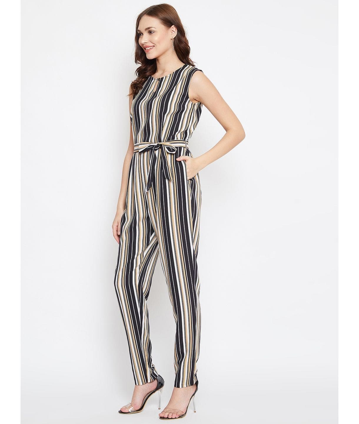 Striped Keyhole Jumpsuit with Belt - Uptownie