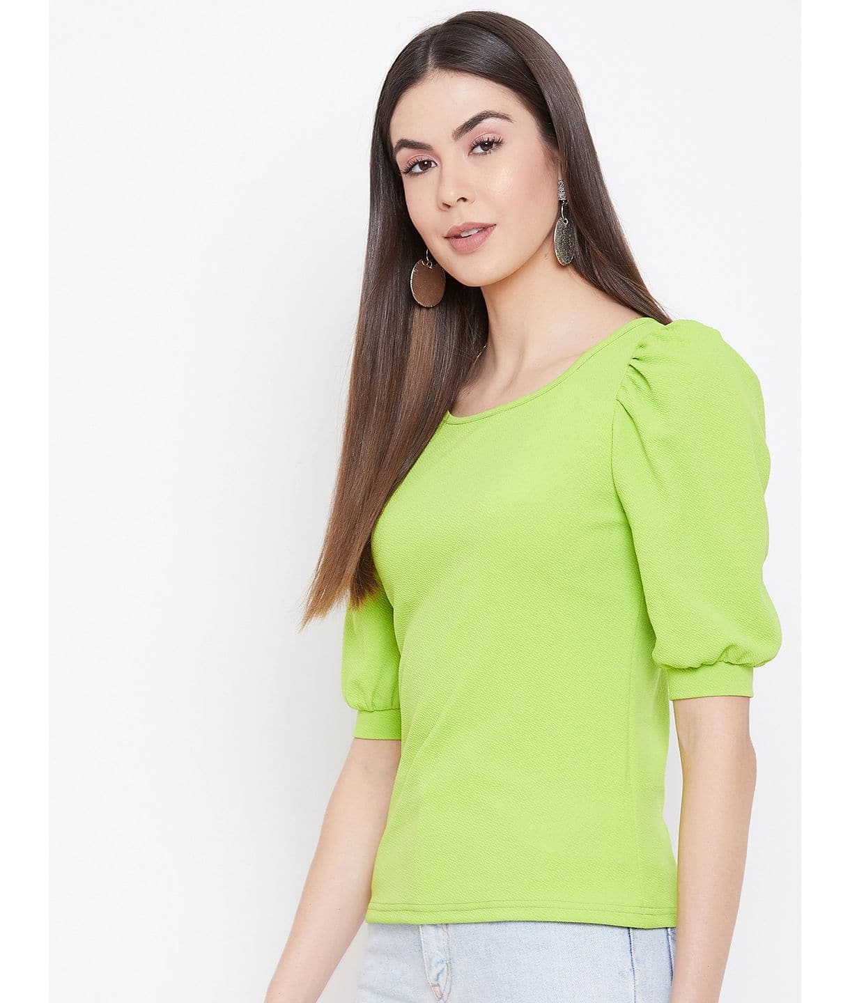 Plus Cotton Solid Stretchable Puff Sleeve Top - Uptownie