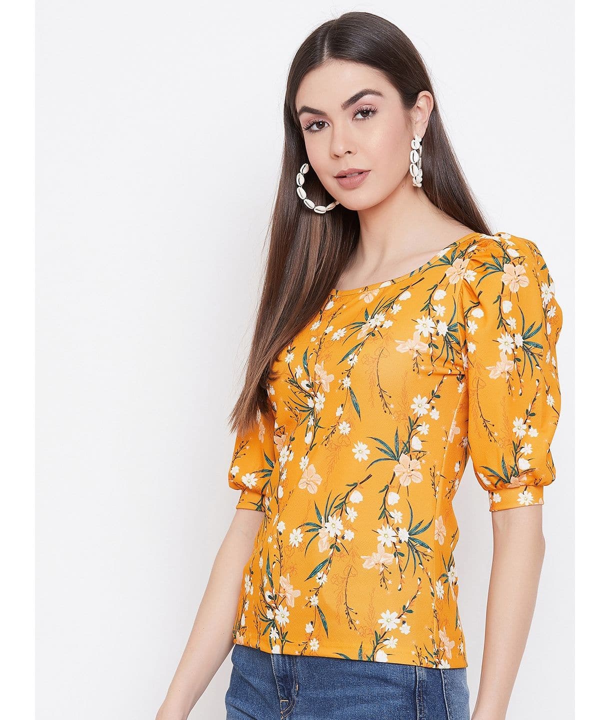 Plus Cotton Floral Stretchable Puff Sleeve Top - Uptownie