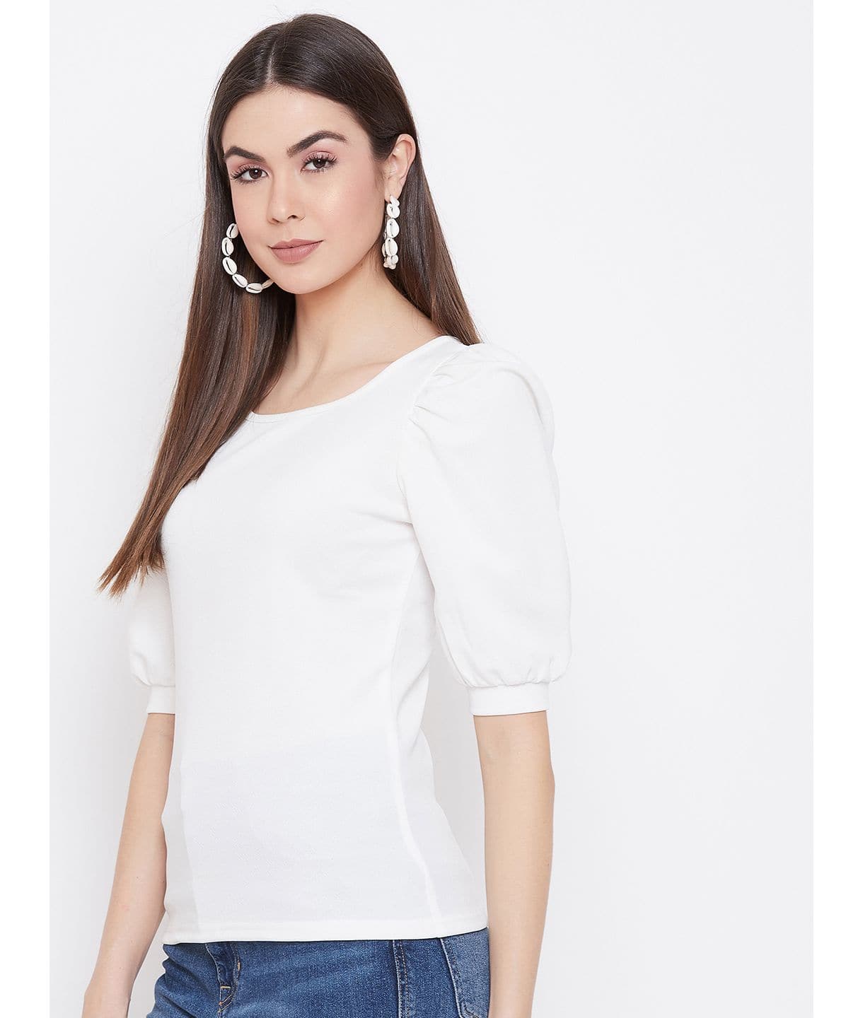 Plus Cotton Solid Stretchable Puff Sleeve Top - Uptownie
