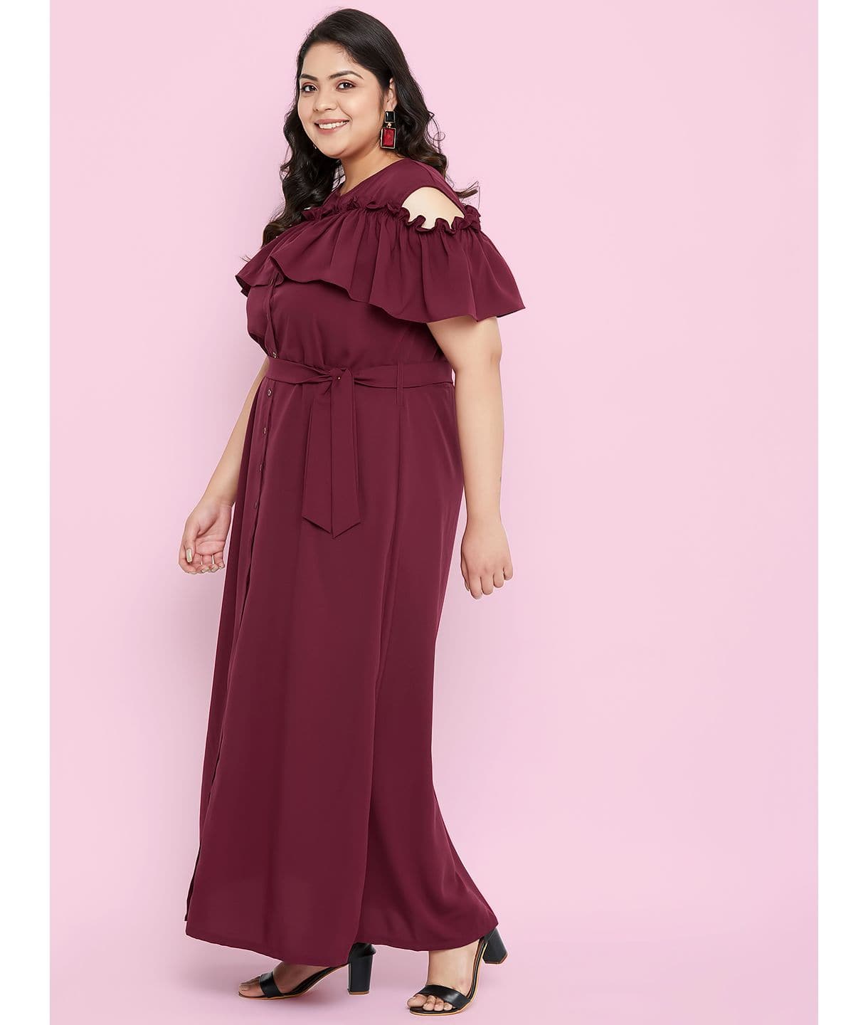 Plus Ruffled Buttoned Cold Shoulder Maroon Maxi Dress - Uptownie