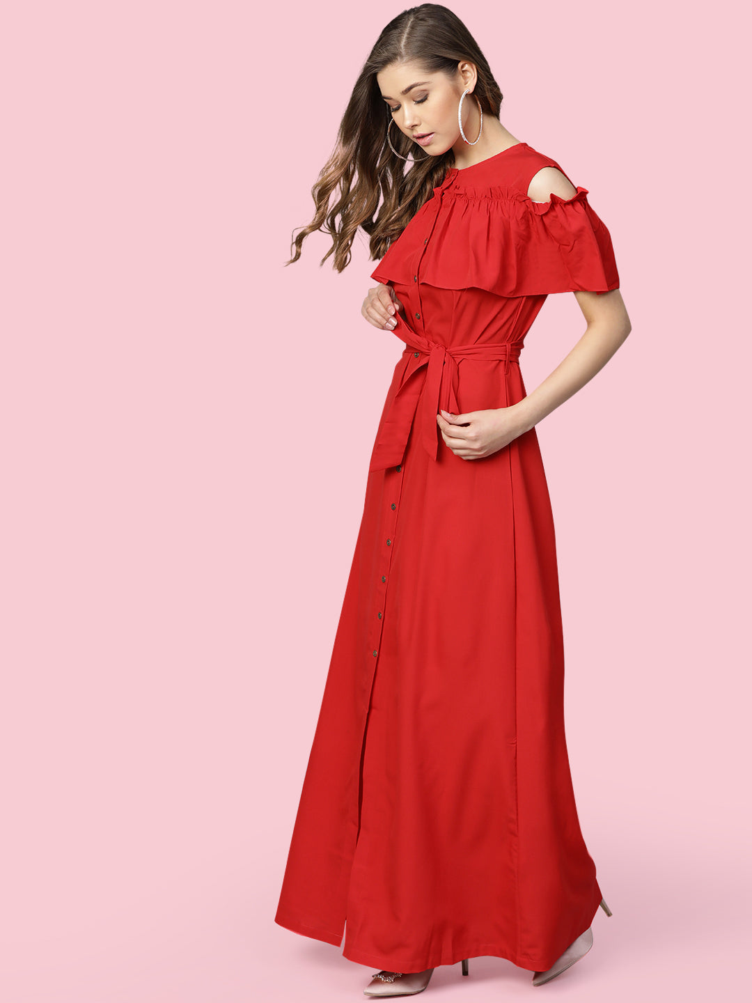 Ruffled Buttoned Cold Shoulder Maxi Dress - Uptownie