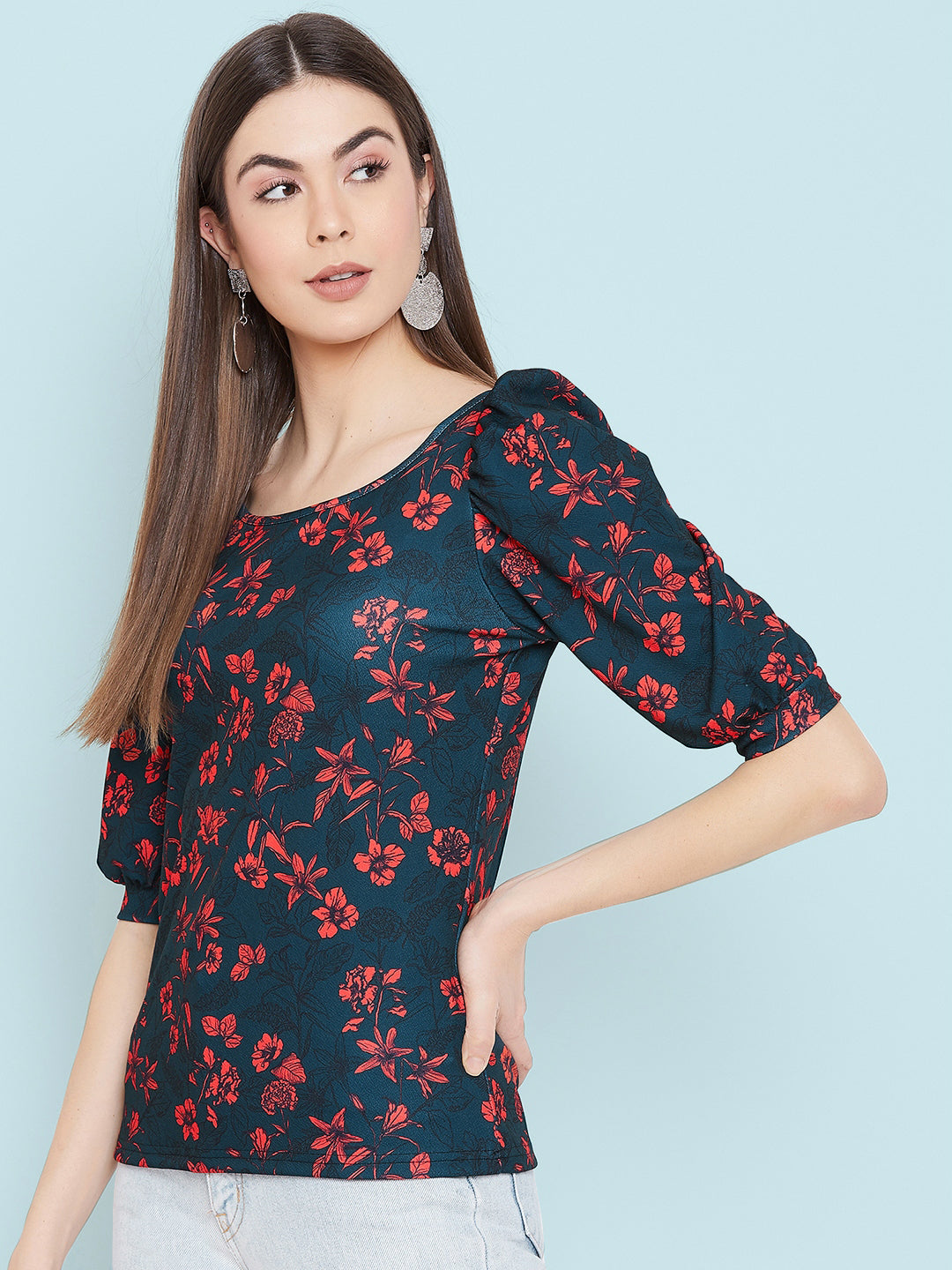Cotton Floral Stretchable Puff Sleeve Top - Uptownie