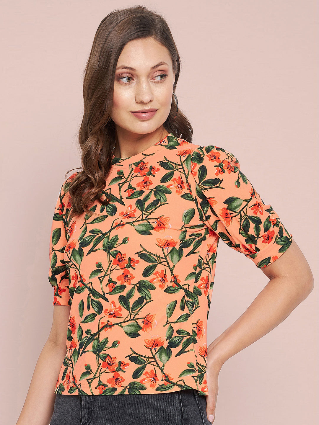 Cotton Floral Stretchable High Neck Puff Sleeve Top - Uptownie