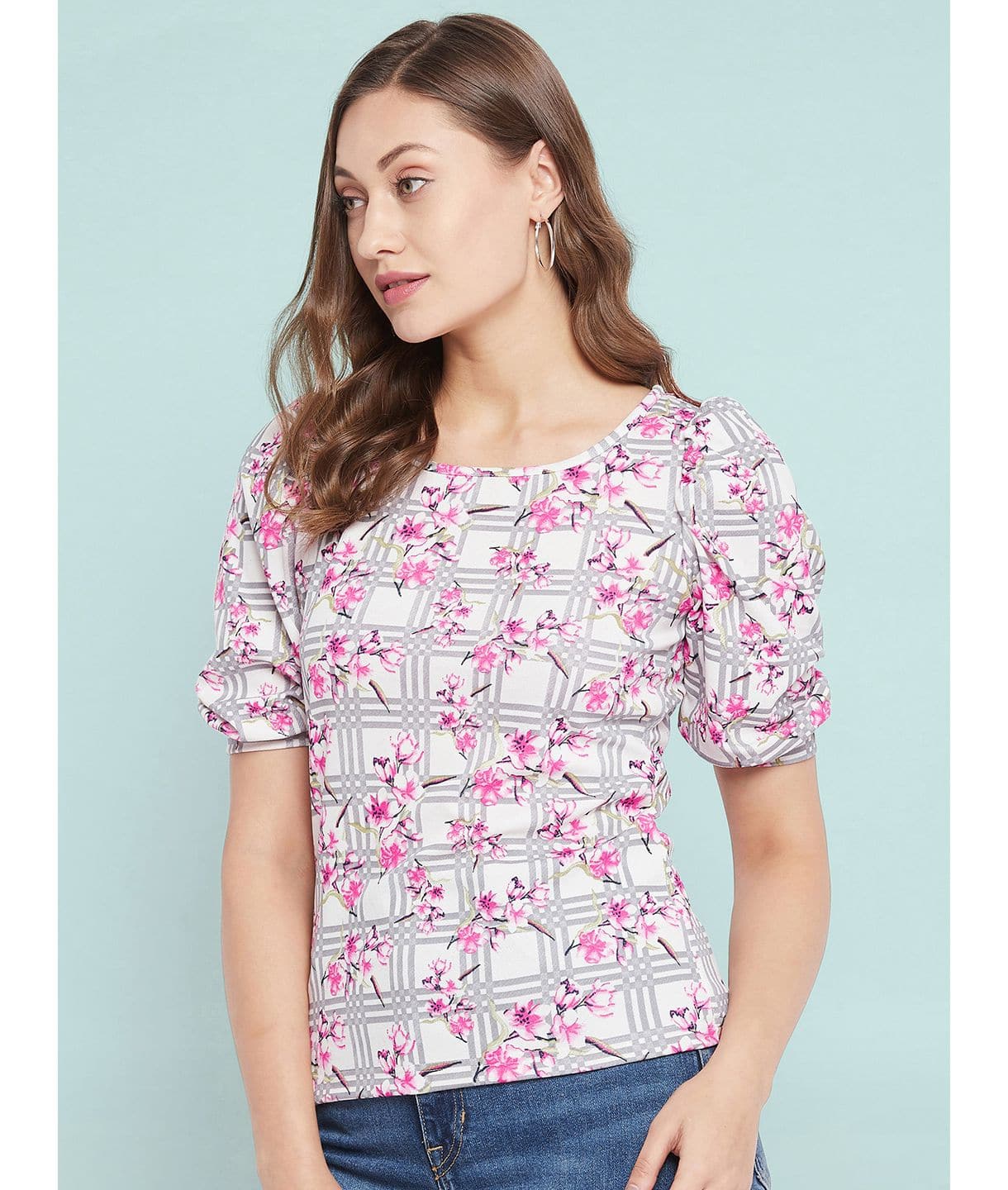 Plus Cotton Floral Stretchable Puff Sleeve Top - Uptownie