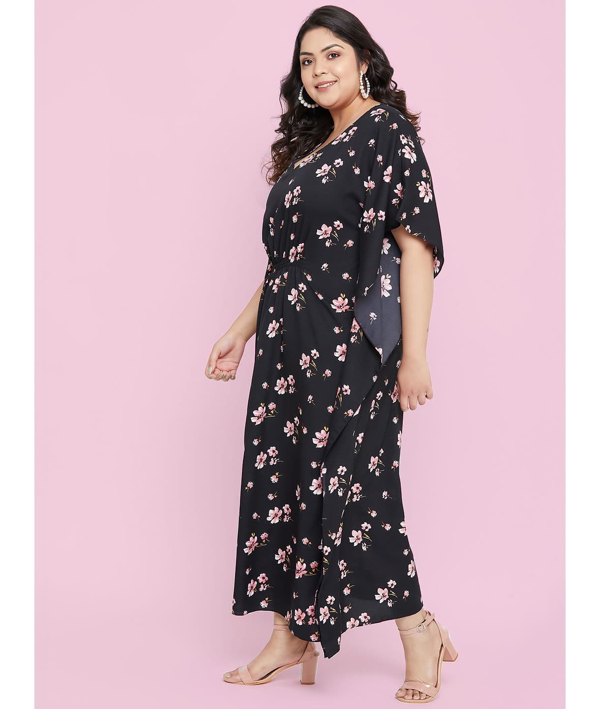 Plus Comfortable Black Printed Kaftan/Nightie - Uptownie