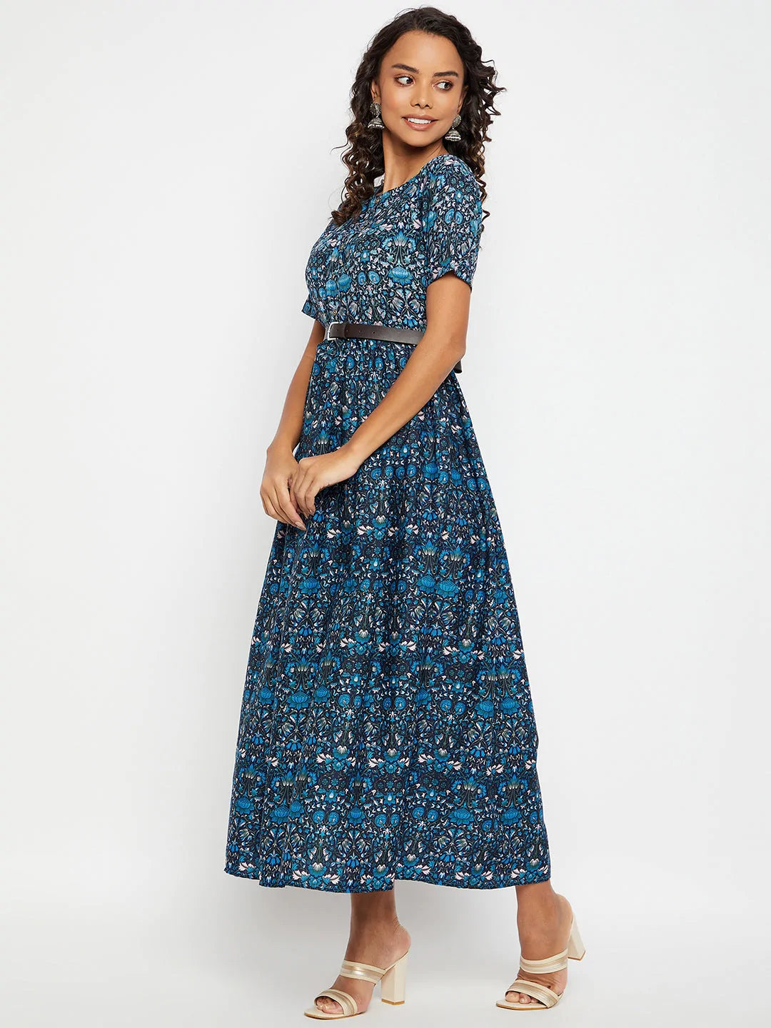 Printed Maxi Dress with Belt - Uptownie
