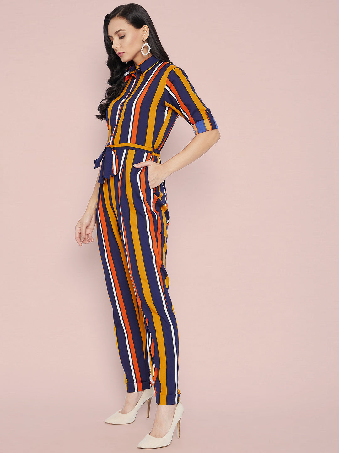Striped Roll Up Jumpsuit - Uptownie