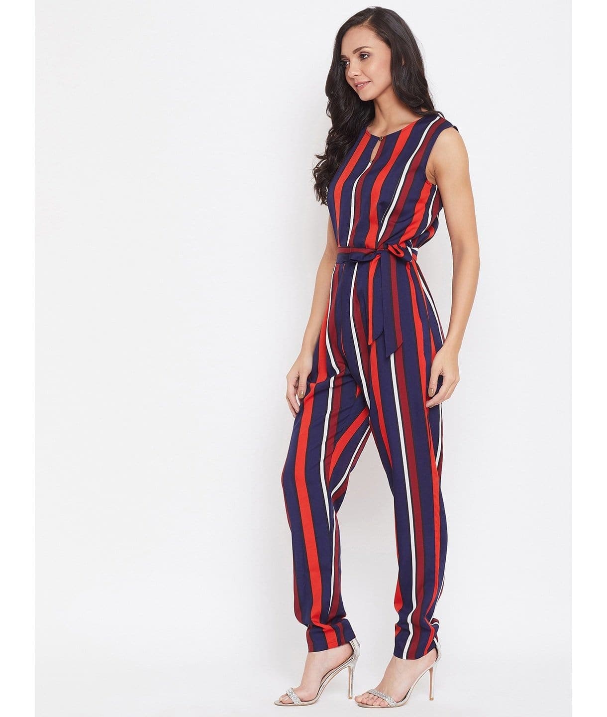 Striped Keyhole Jumpsuit with Belt - Uptownie