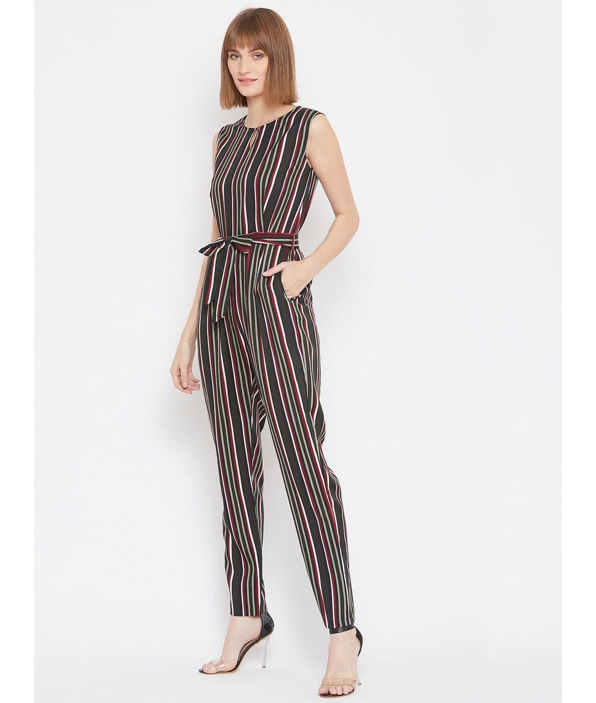Striped Keyhole Jumpsuit with Belt - Uptownie