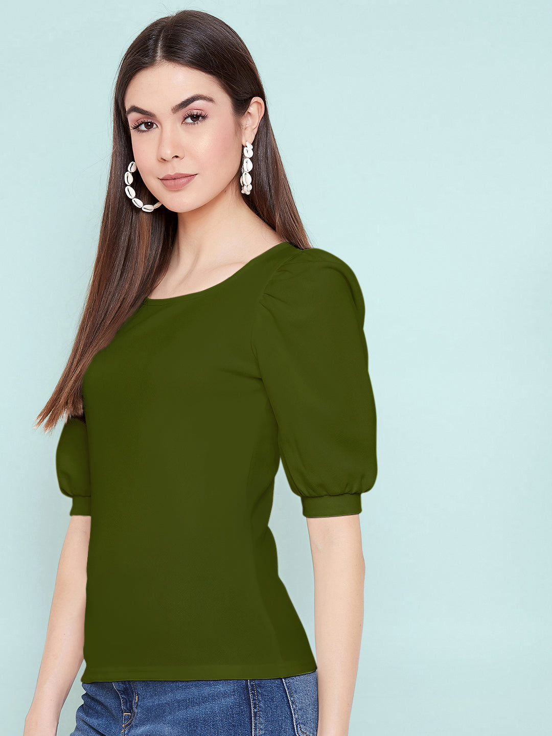 Cotton Solid Stretchable Round Neck Puff Sleeve Top - Uptownie