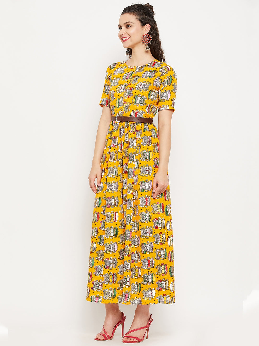 Printed Maxi Dress with Belt - Uptownie