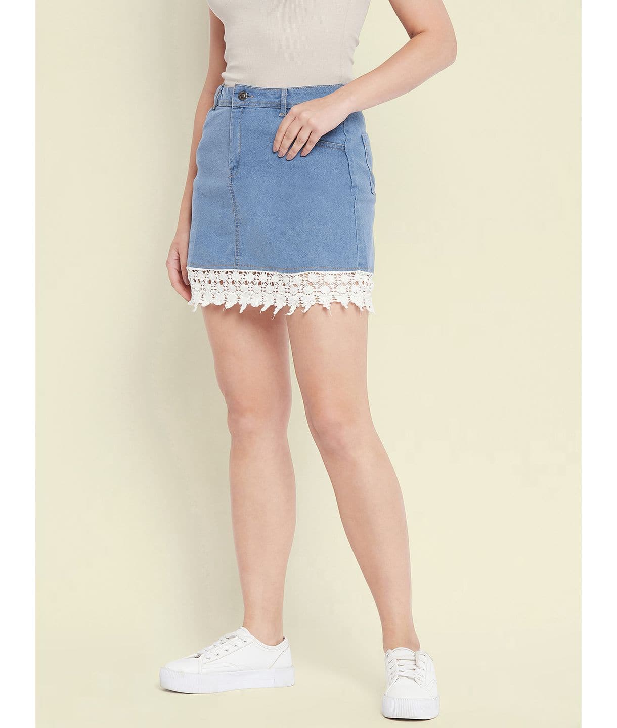 Stretchable Knee length Lace Denim Skirt - Uptownie