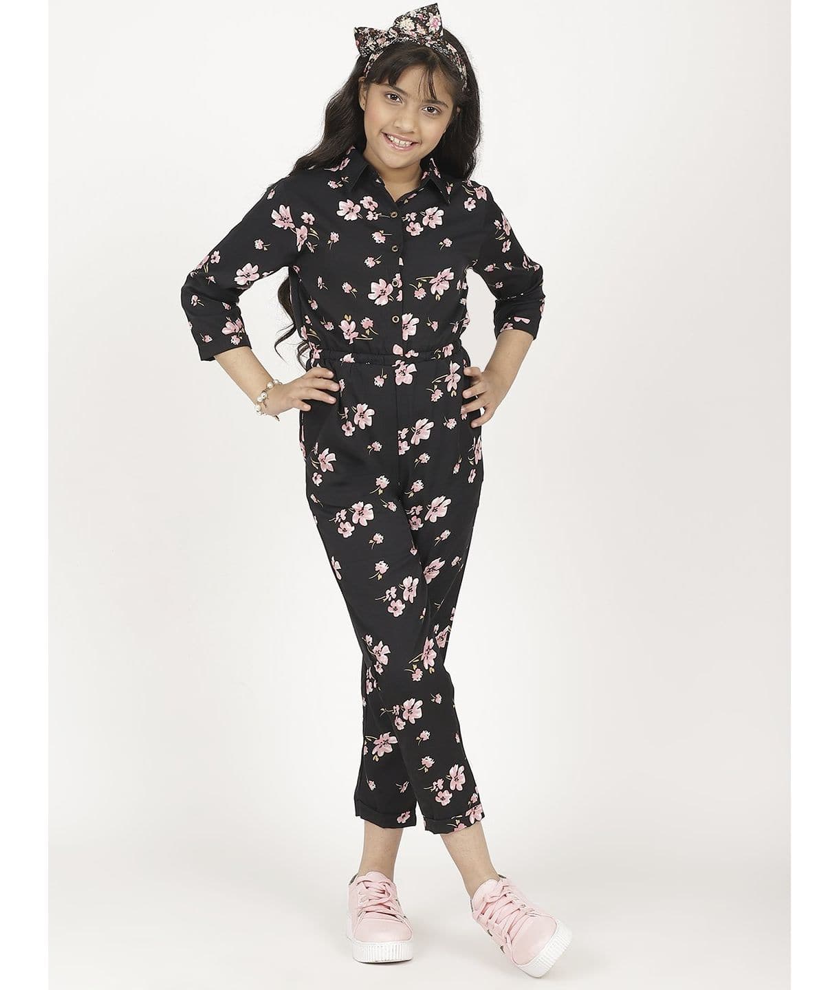 Floral Roll-up Jumpsuit for Girls - Uptownie