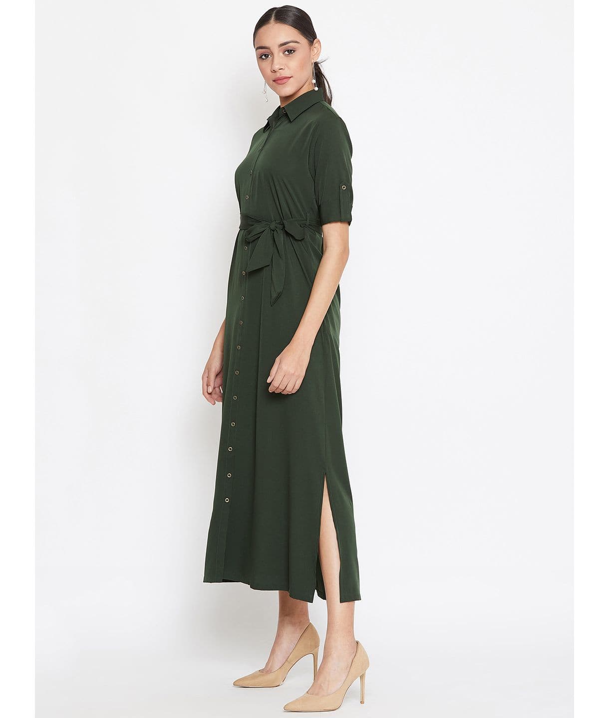 Plus Army Green Solid Crepe Collar Buttoned Down Shirt Maxi Dress - Uptownie