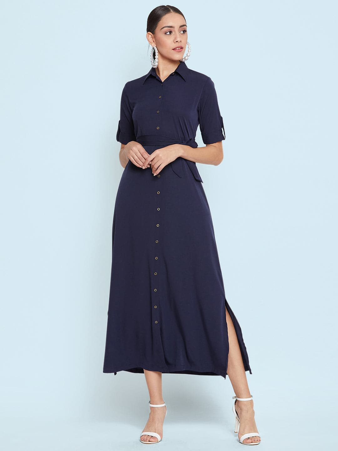 Collar Buttoned Down Shirt Maxi Dress - Uptownie