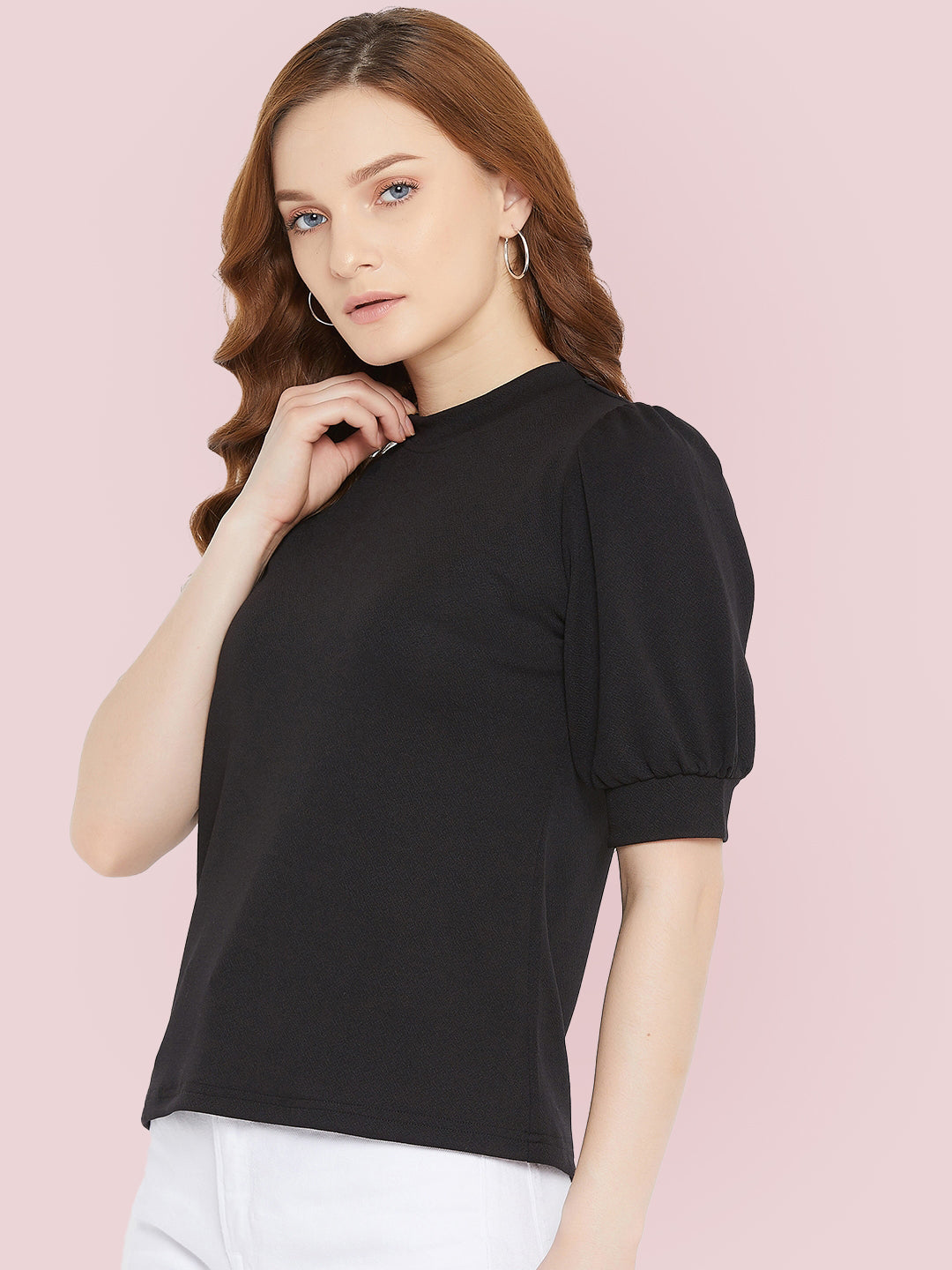 Cotton Solid Stretchable High Neck Puff Sleeve Top - Uptownie
