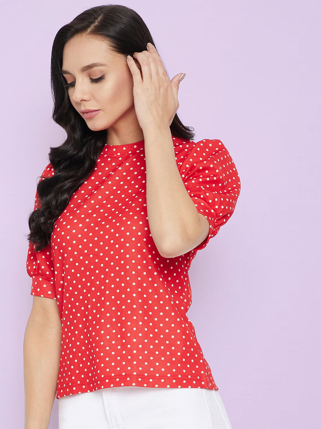 Cotton Polka Stretchable Puff Sleeve Top - Uptownie