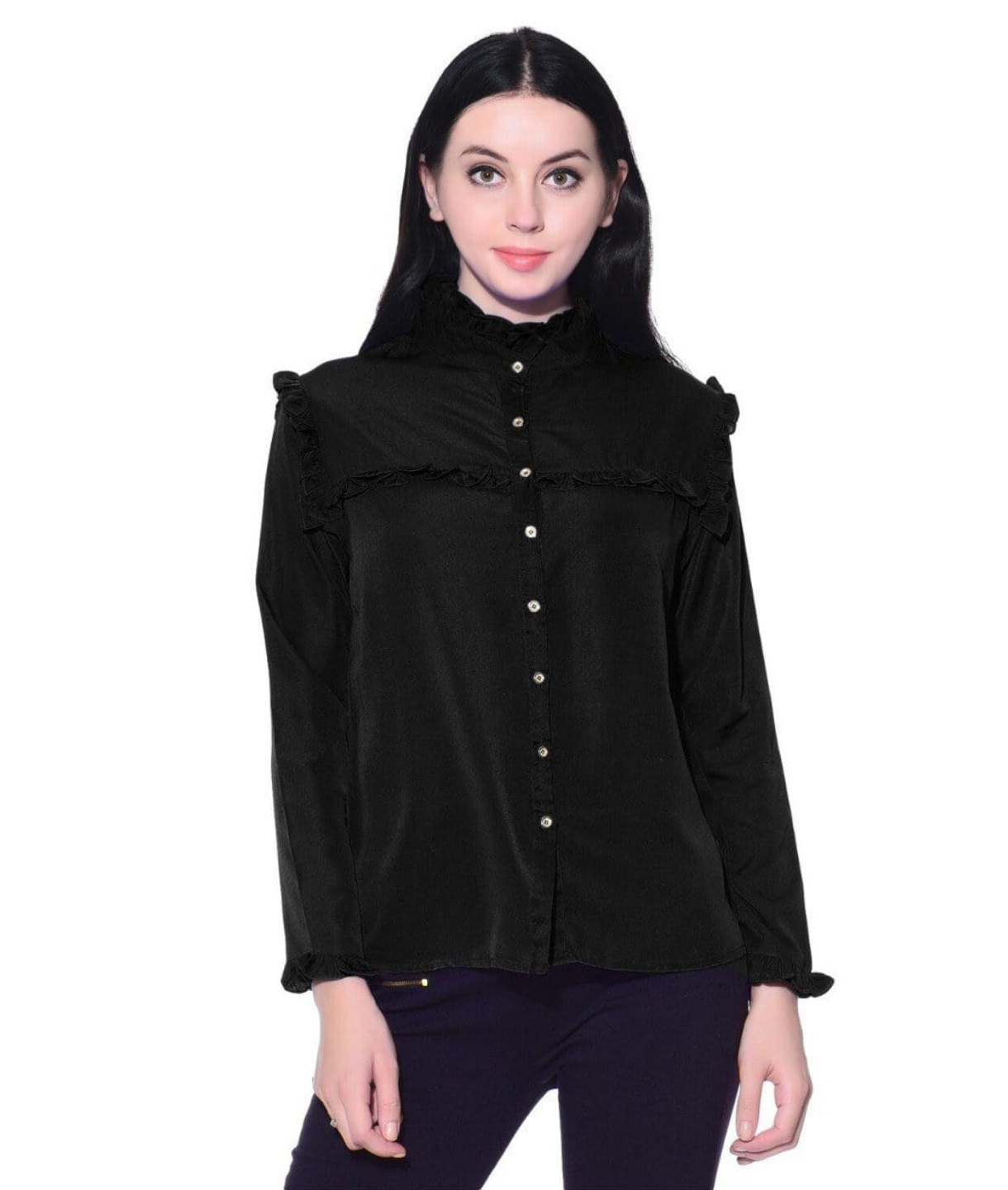 Solid Black Button Down Crepe Shirt - Uptownie