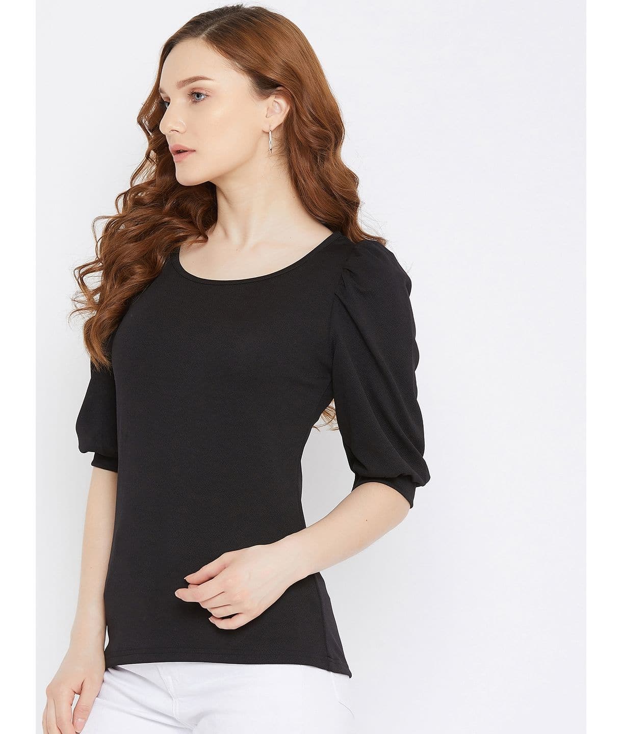 Plus Cotton Solid Stretchable Puff Sleeve Top - Uptownie