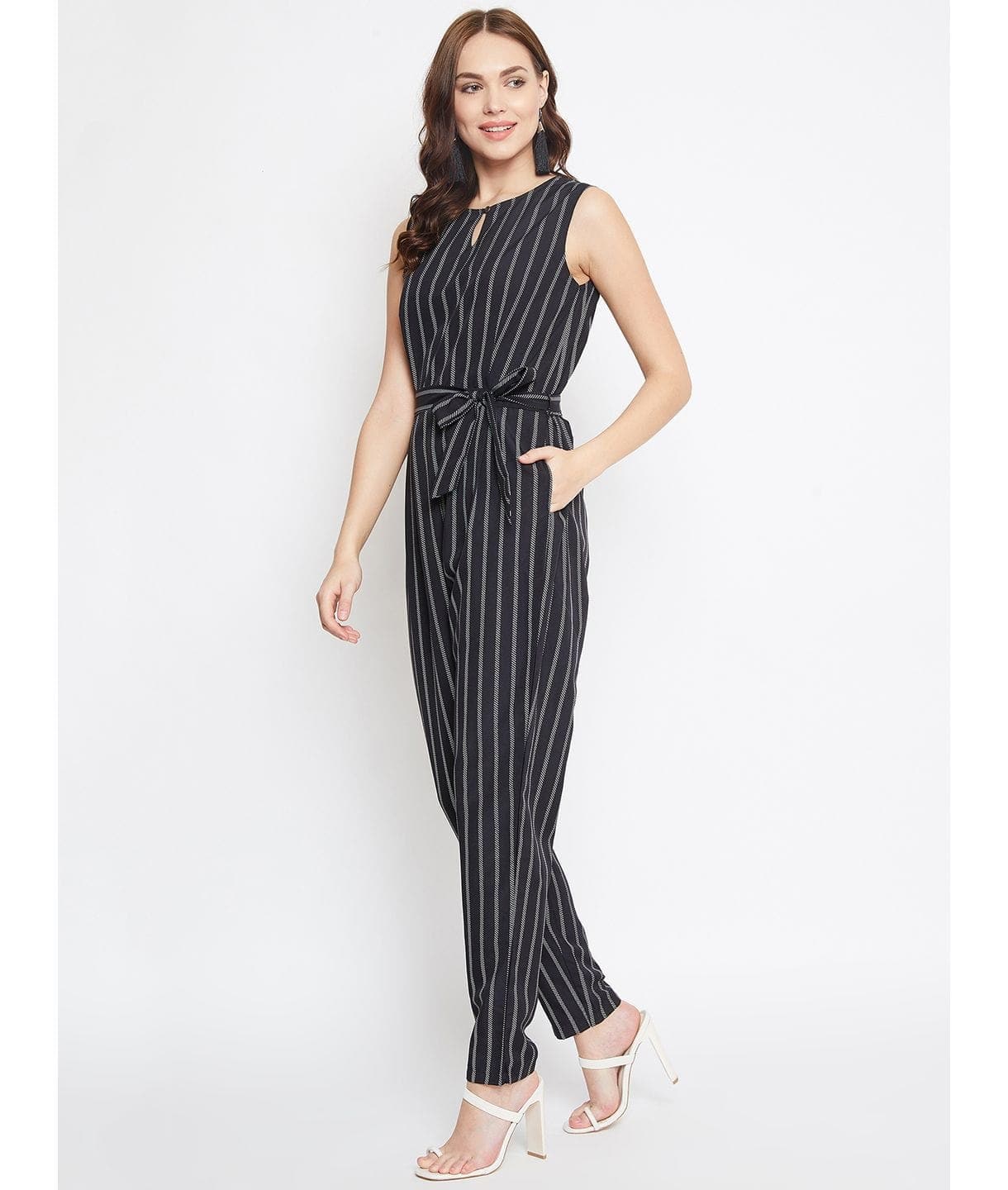 Striped Keyhole Jumpsuit with Belt - Uptownie