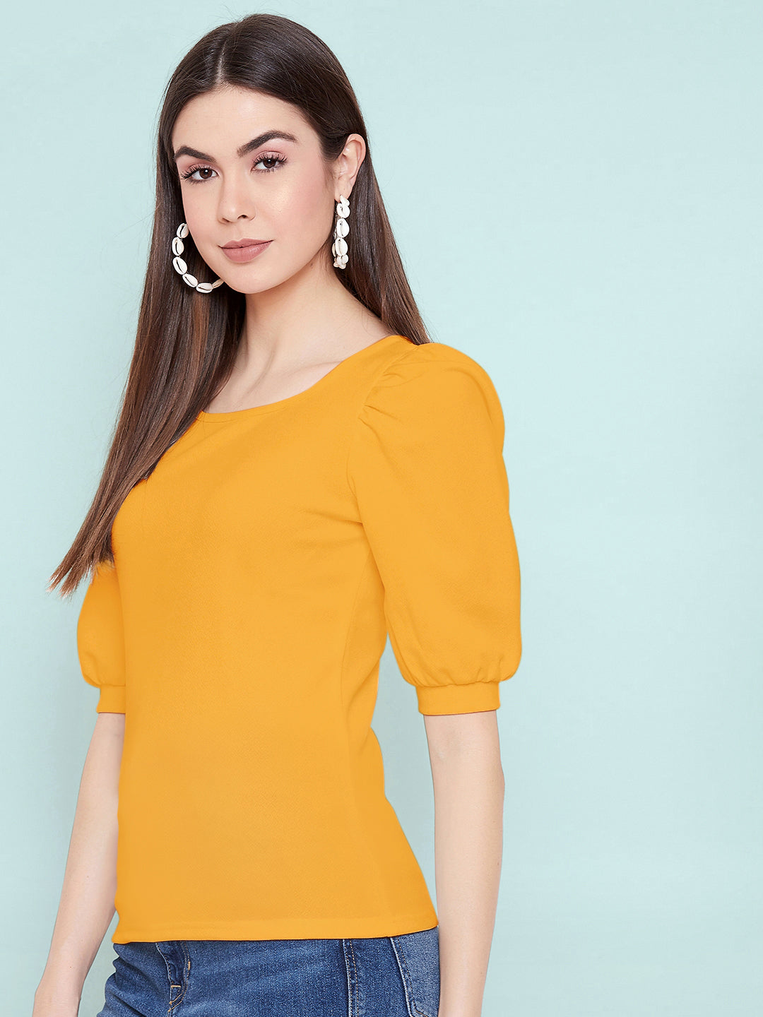Cotton Solid Stretchable Round Neck Puff Sleeve Top - Uptownie