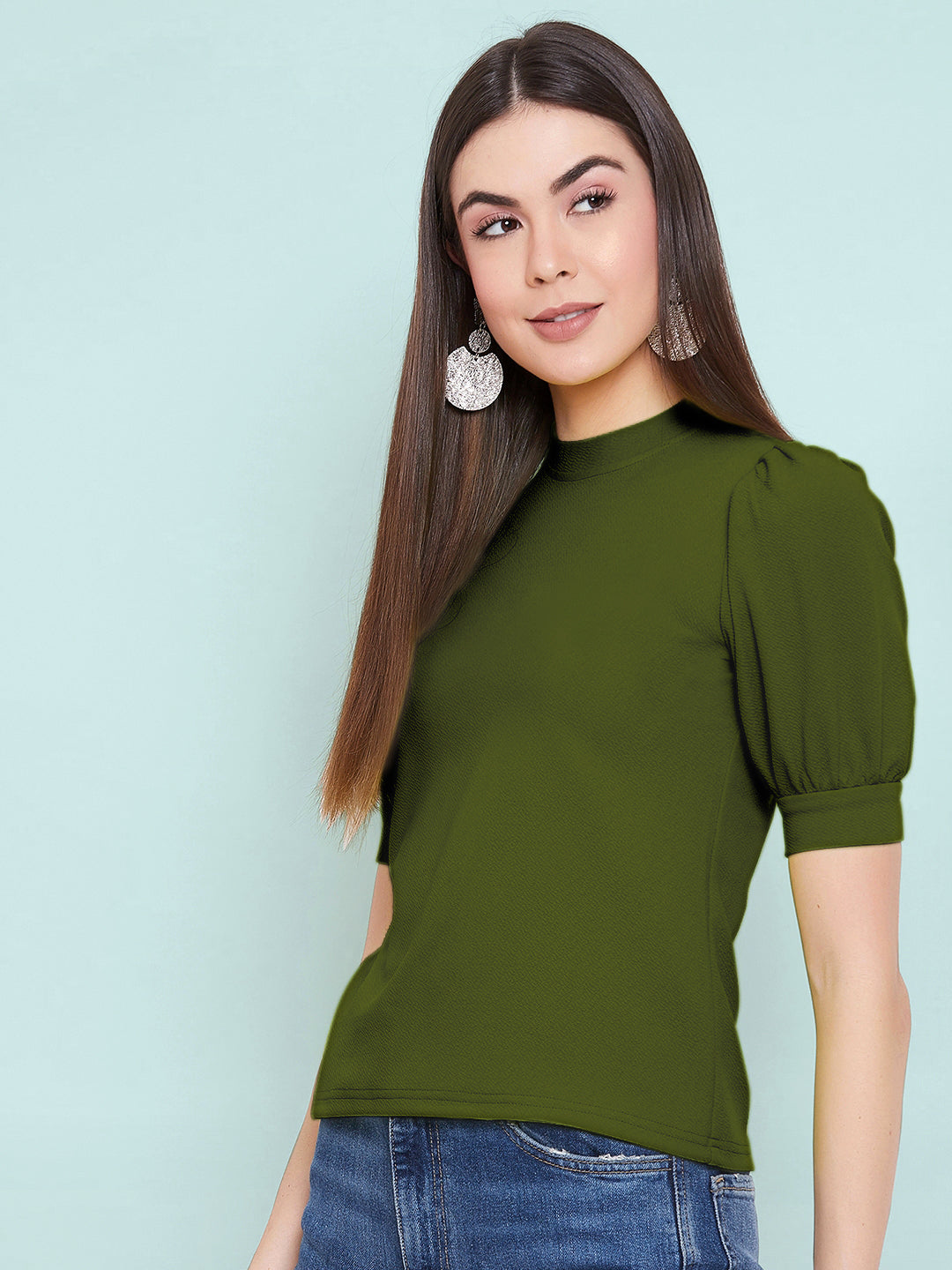 Cotton Solid Stretchable High Neck Puff Sleeve Top - Uptownie