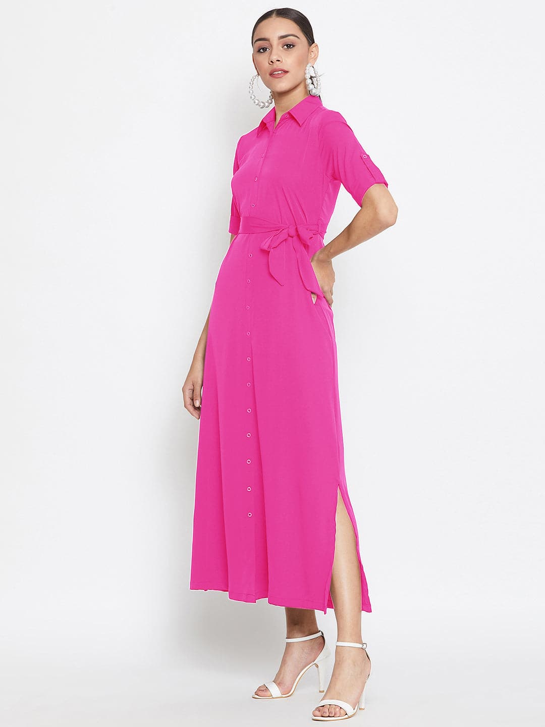 Collar Buttoned Down Shirt Maxi Dress - Uptownie