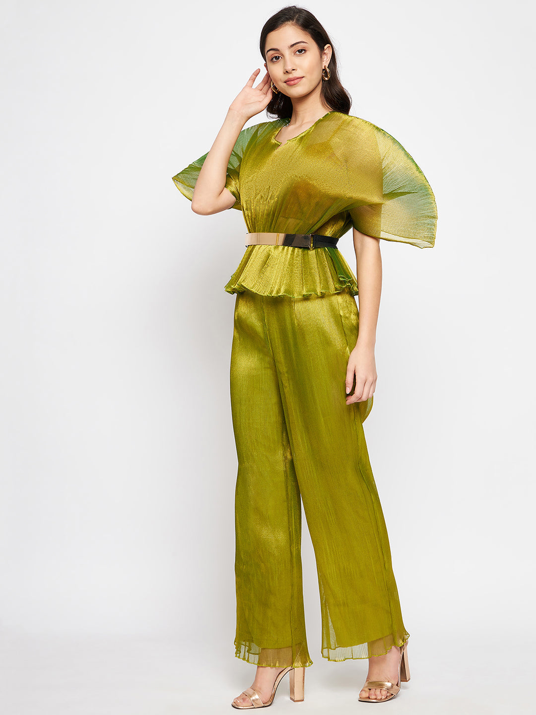 Pleated Organza Exaggerated Sleeves Top and Pants Set - Uptownie