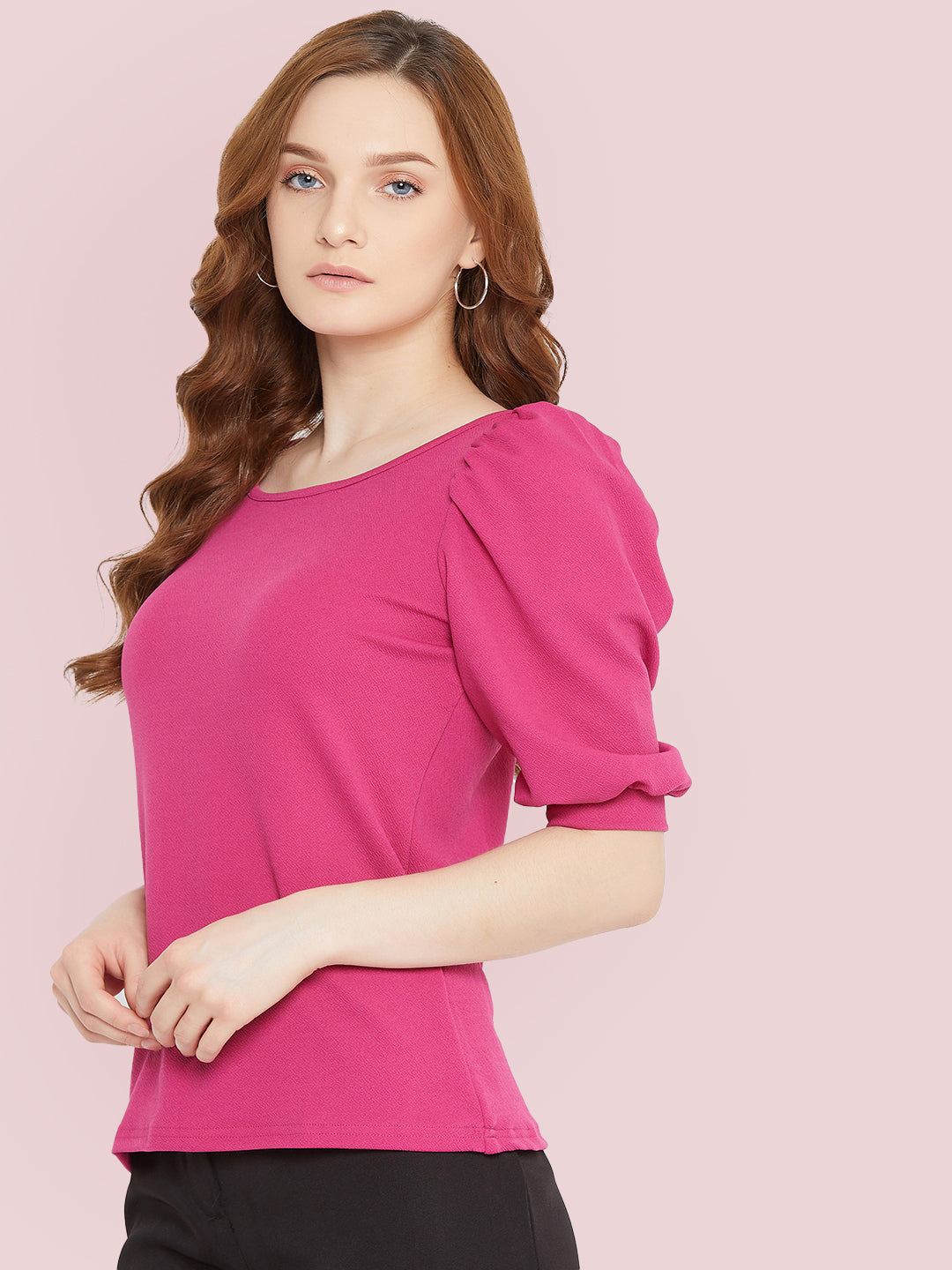 Cotton Solid Stretchable Round Neck Puff Sleeve Top - Uptownie