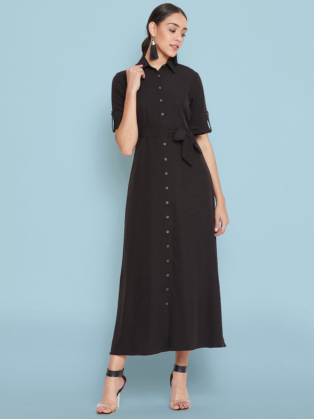 Collar Buttoned Down Shirt Maxi Dress - Uptownie