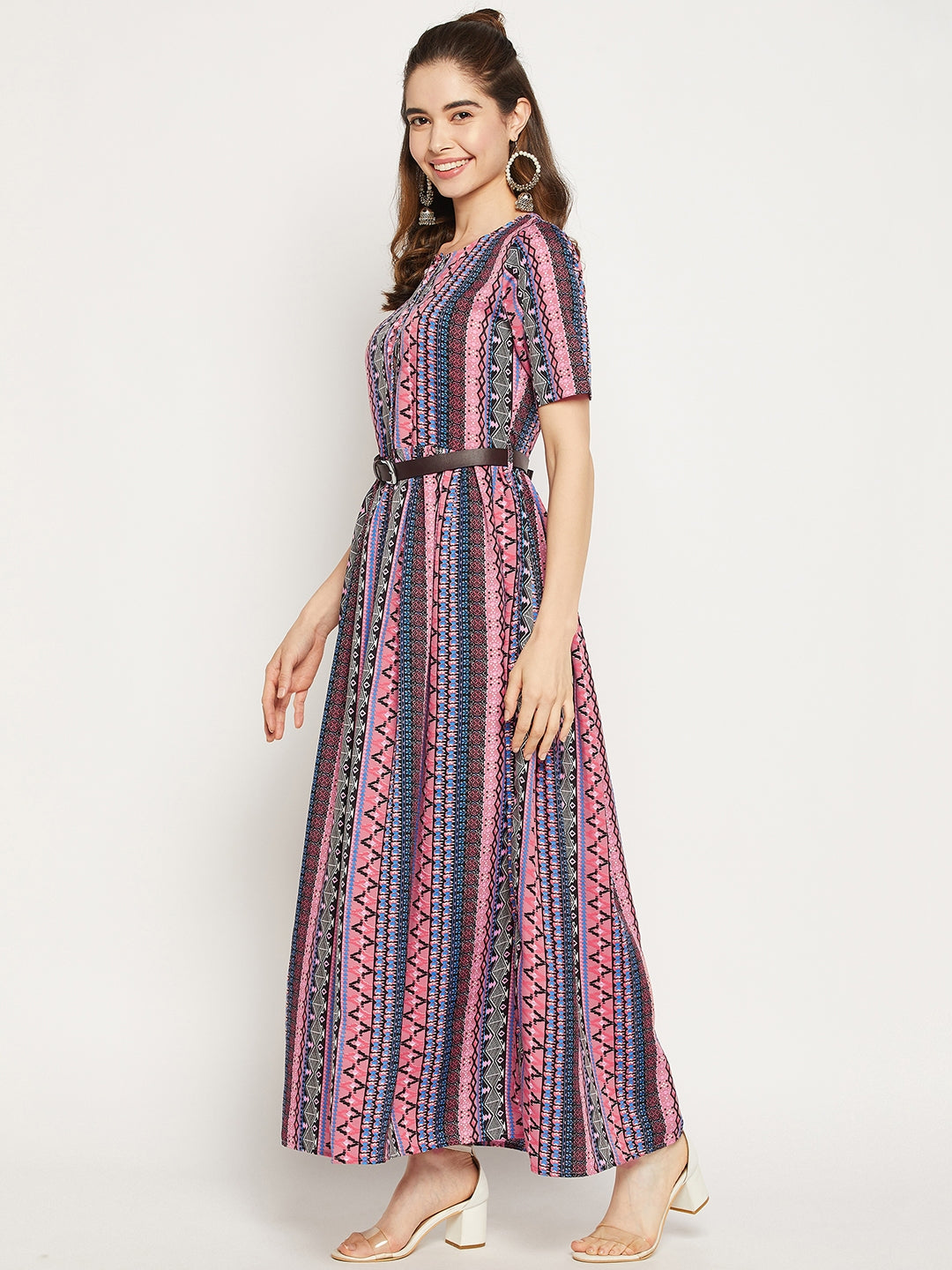 Printed Maxi Dress with Belt - Uptownie