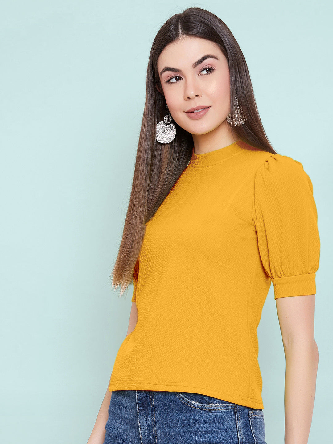 Cotton Solid Stretchable High Neck Puff Sleeve Top - Uptownie