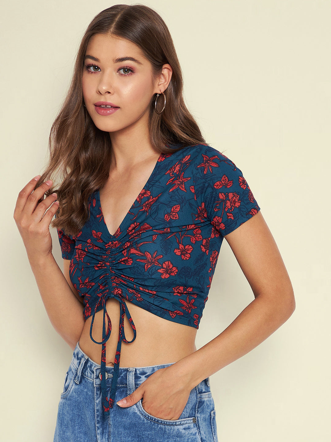 Cotton Stretchable Front Drawstring Crop Top - Uptownie