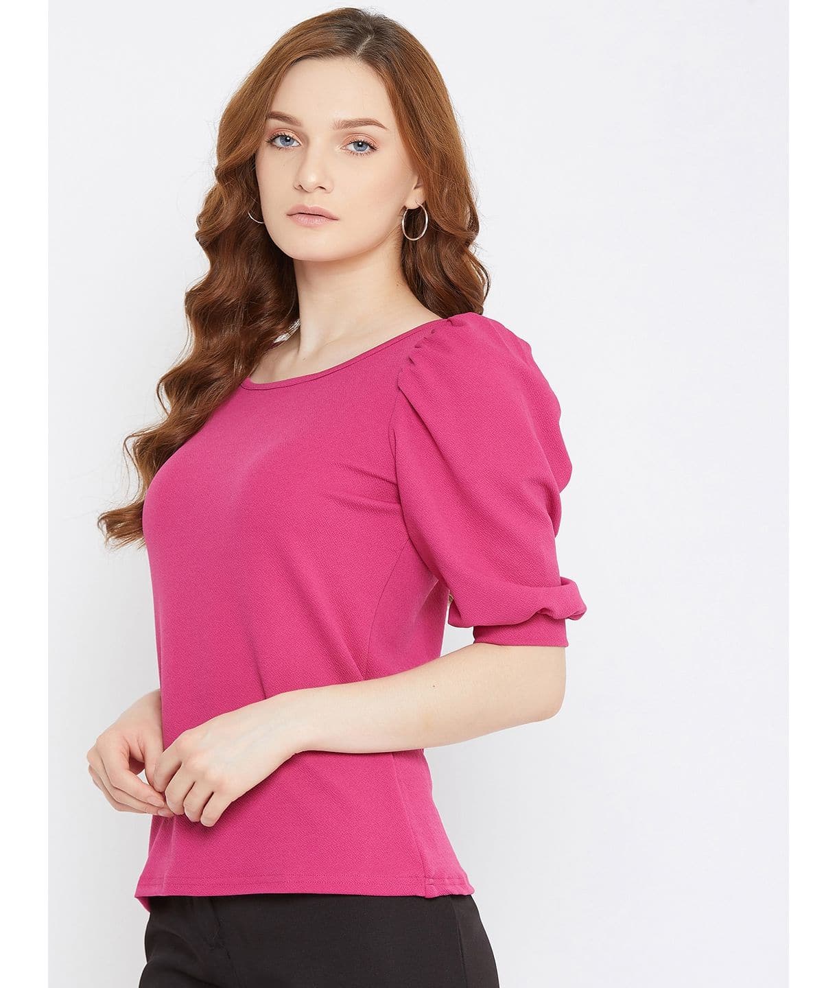 Plus Cotton Solid Stretchable Puff Sleeve Top - Uptownie